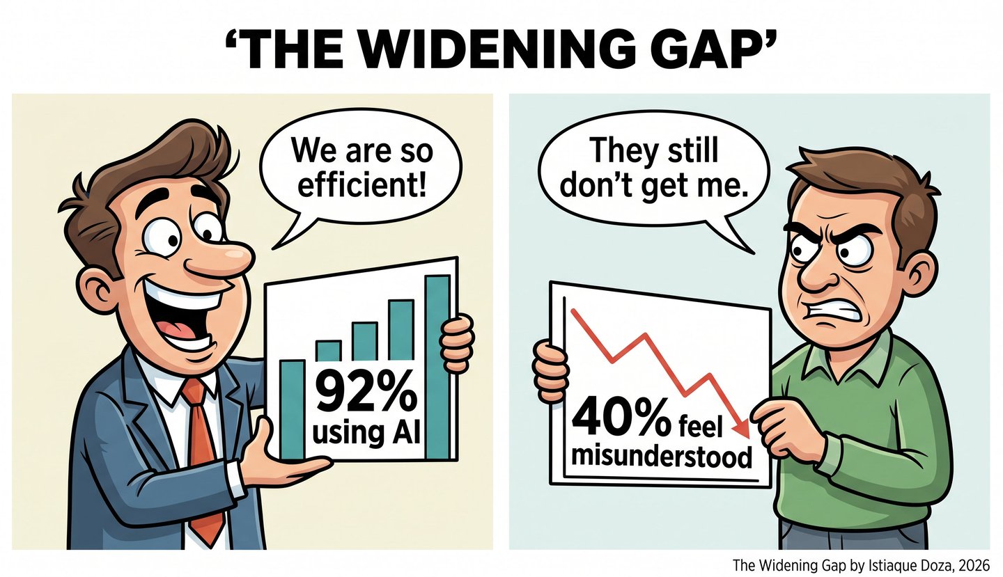Cartoon showing a marketer celebrating 92% AI efficiency while customer feels misunderstood.
