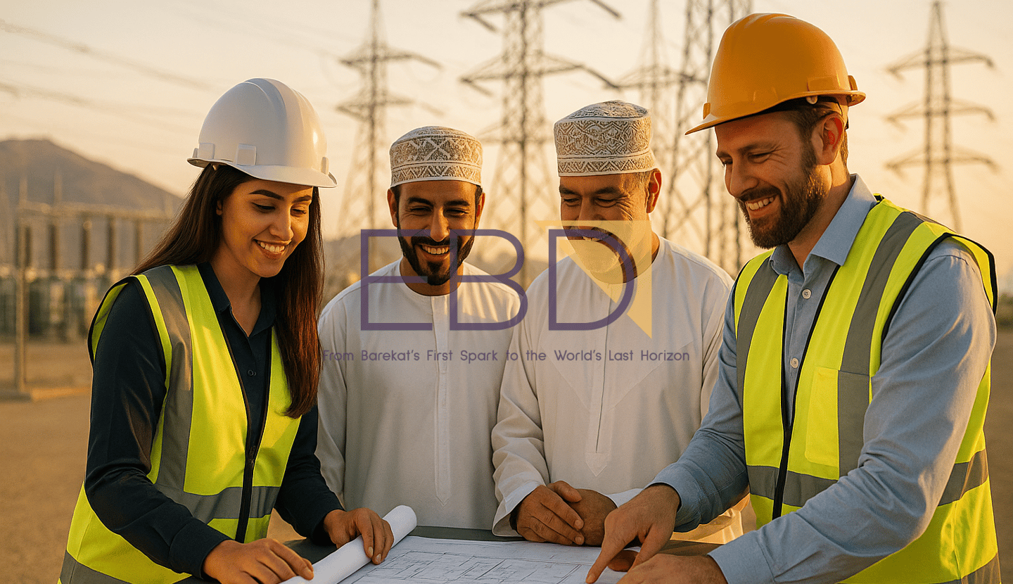 Energy Barekat Development team reviewing drw at an Oman electrical substation, showcasing renewable energy & grid project