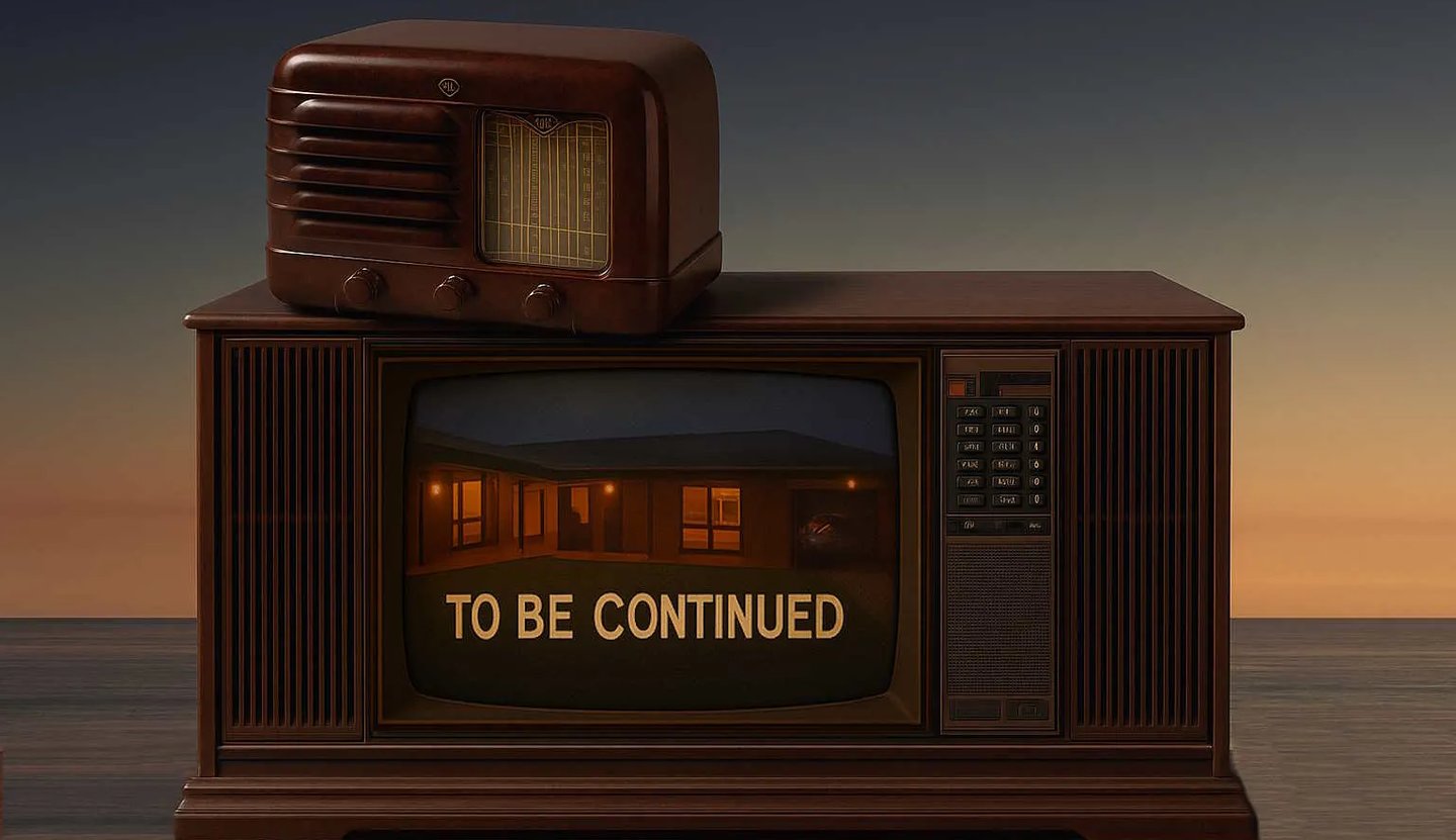 old fashioned radio and tv with sunset ocean backdrop