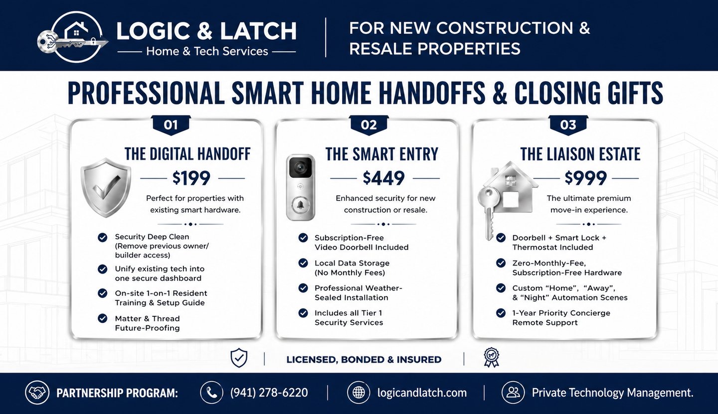 Logic & Latch Smart Home Handover and Closing Gift Pricing Tiers for New Construction and Resales.