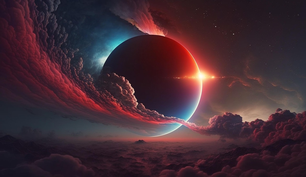 a planet with a bright red sun and a bright blue sky