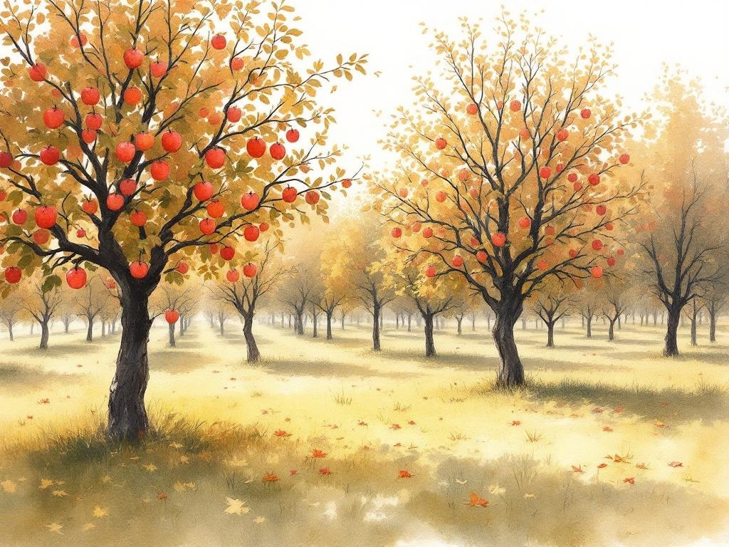 Aquarell von Apfelbäumen im Herbstgarten – Vorlesegeschic