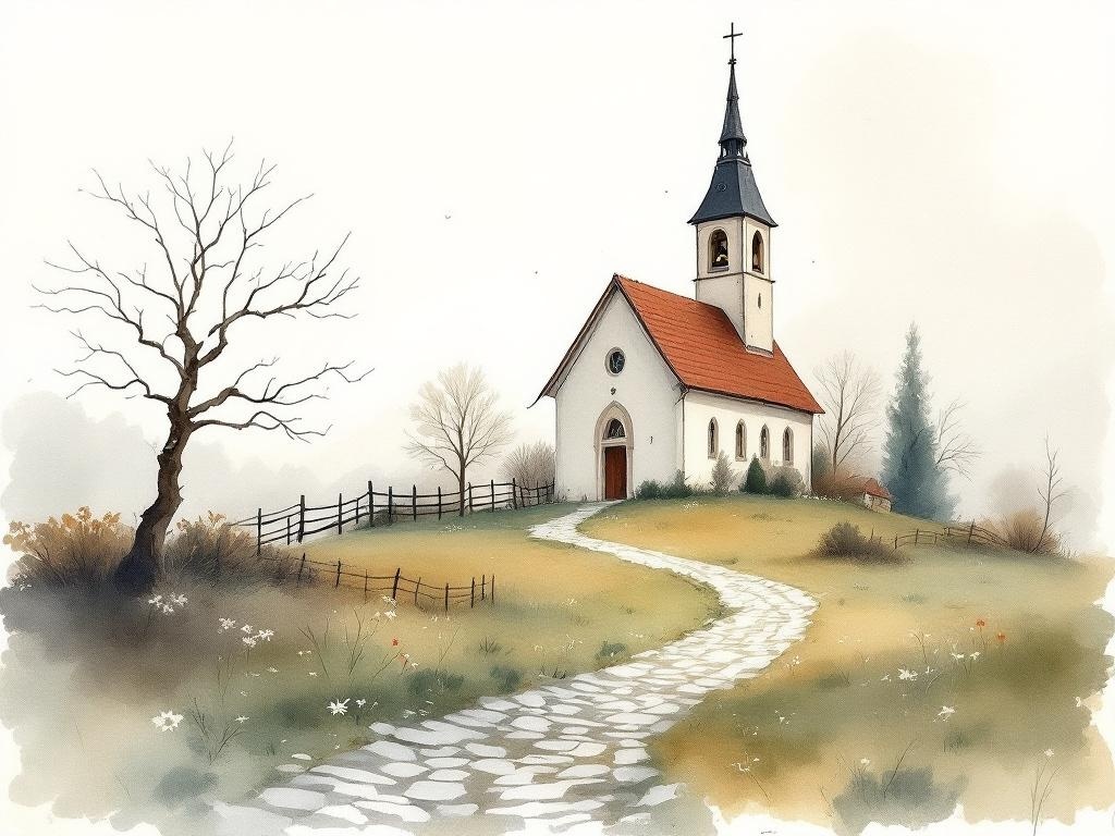 Aquarell einer kleinen weißen Dorfkirche auf dem Hügel mit Weg zum Portal