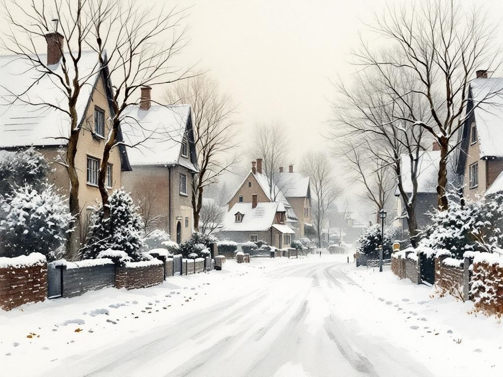 Aquarell einer verschneiten Dorfstraße mit weißen Dächern und kahlen Bäumen