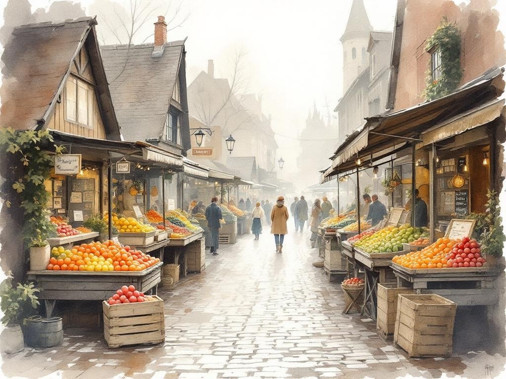 Aquarell eines alten Wochenmarkts mit hölzernen Marktständen voller Obst im Morgendunst