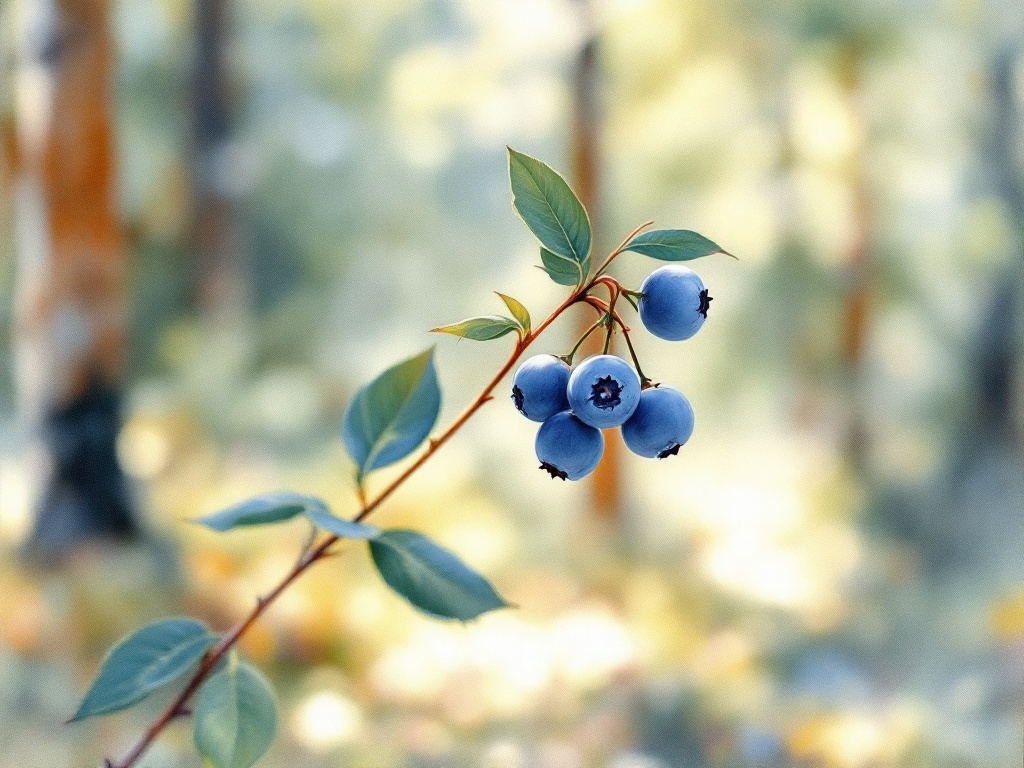 Aquarell eines Zweigs voller reifer Blaubeeren mit grauem Hauch im warmen Waldlicht