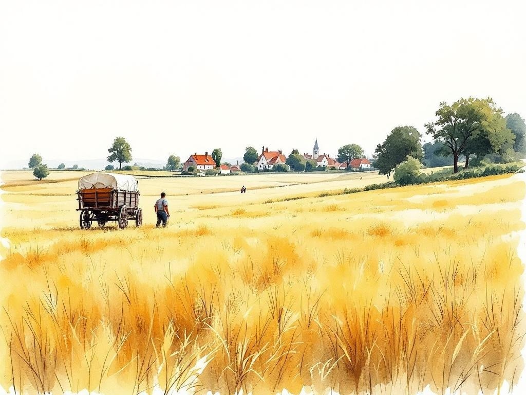 Aquarell eines beladenen Heuwagens auf sommerlicher Wiese