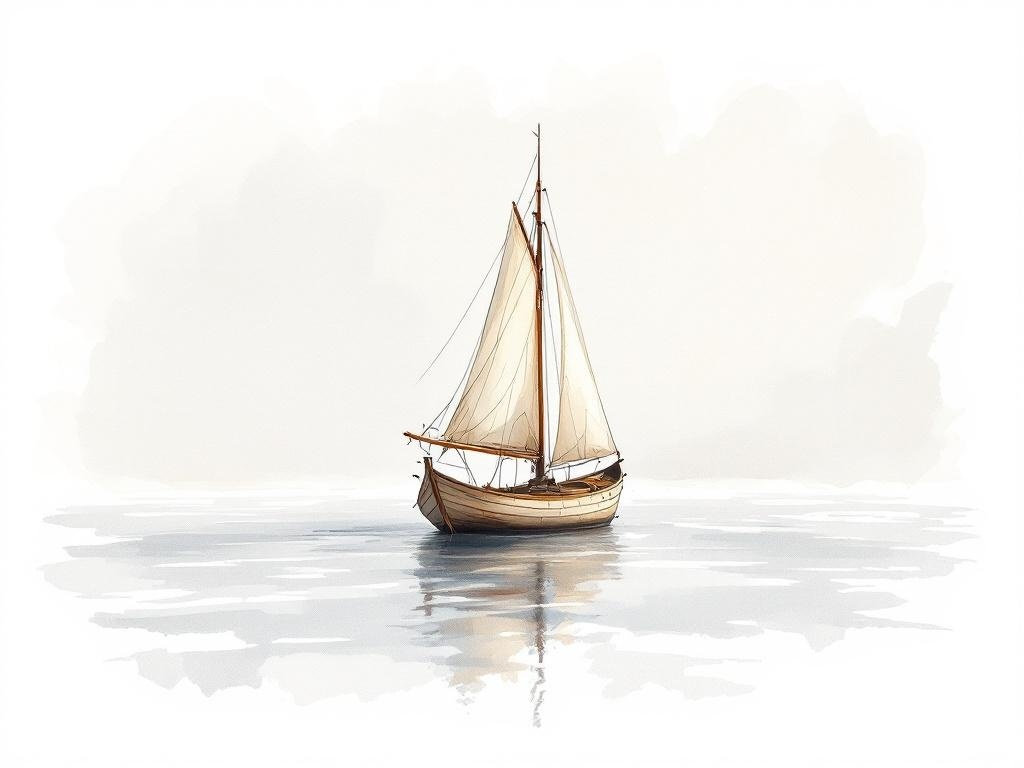 Segelboot-Aquarell zur Vorlesegeschichte für Senioren – einzelnes Holzboot mit hellen Segeln auf See