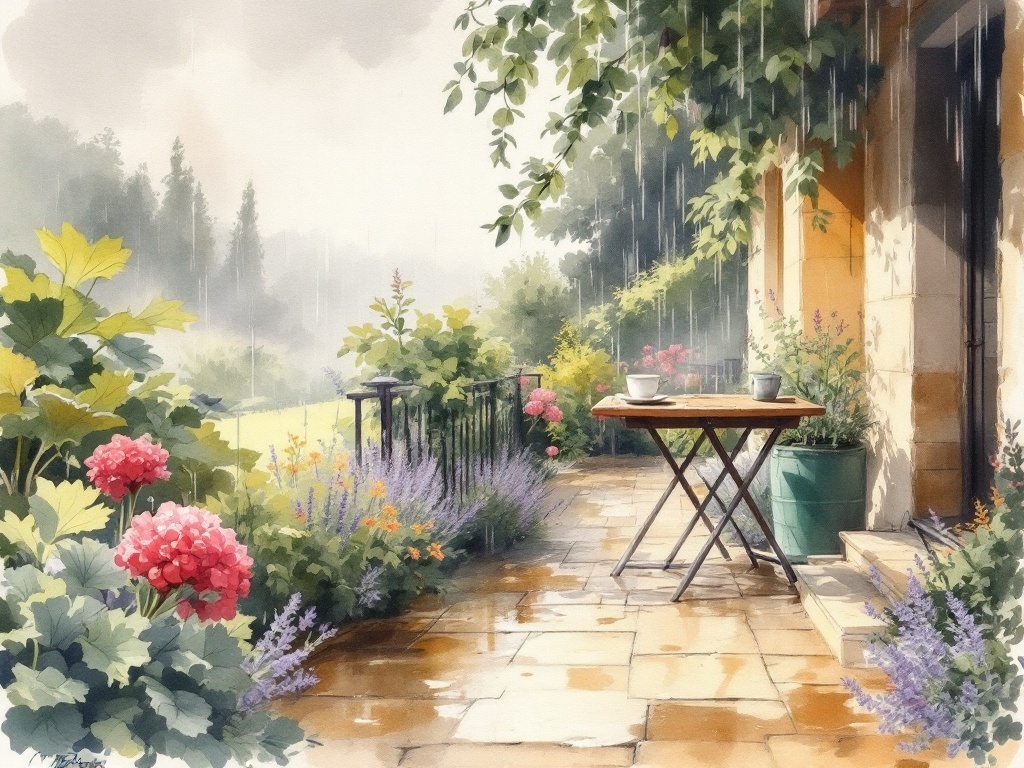 Blick von der trockenen Terrasse in den Garten, während der Regen als grauer Vorhang fällt