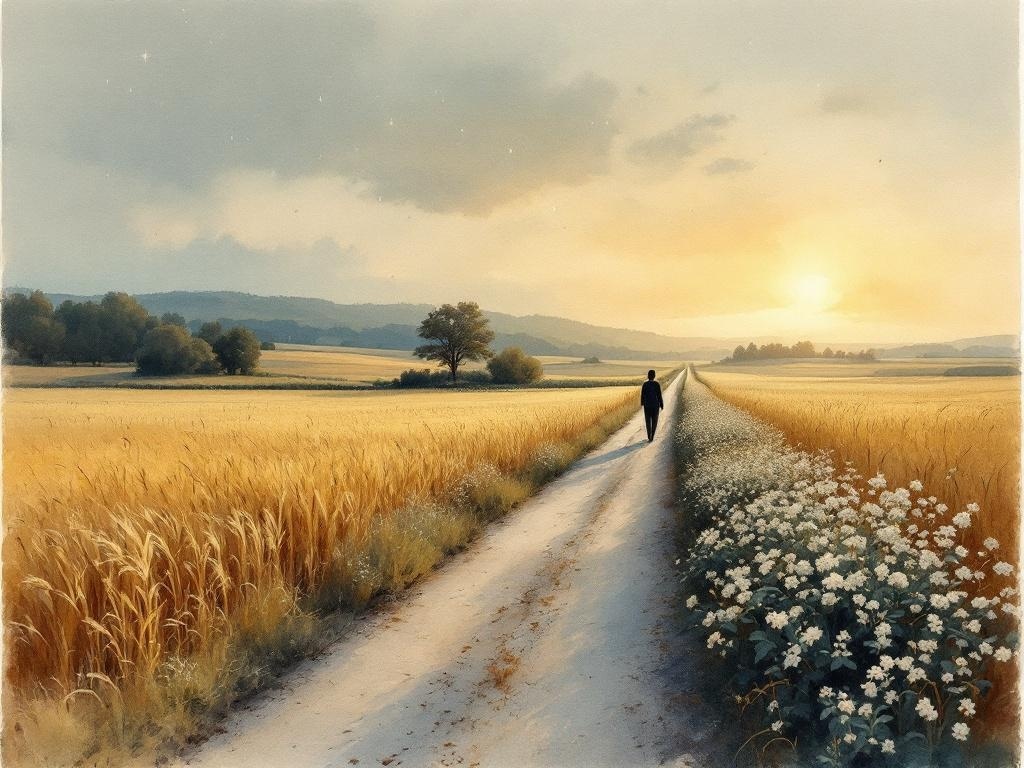 Aquarell eines einsamen Spaziergängers auf einem Feldweg durch goldene Getreidefelder
