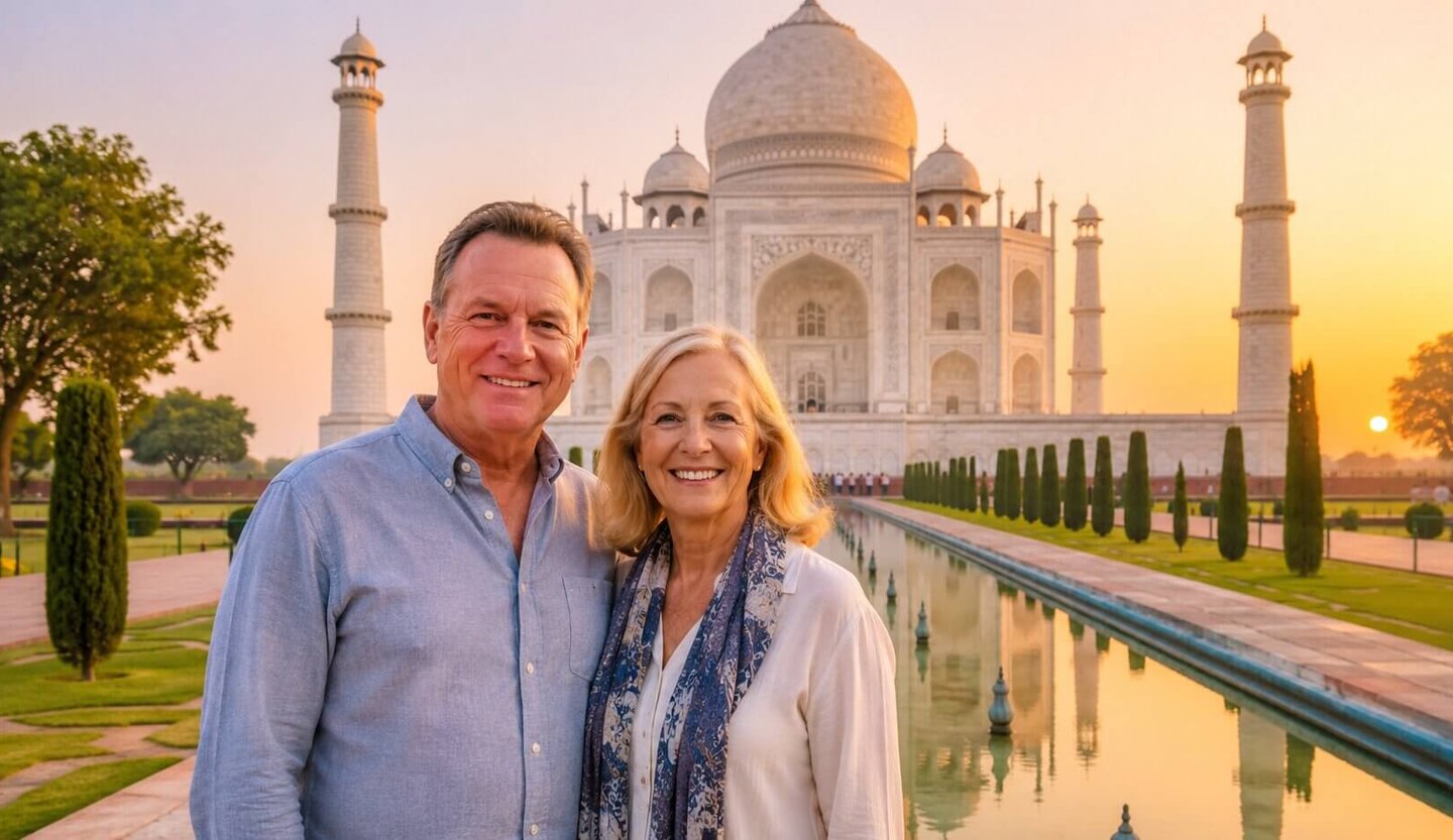 American couple at Taj Mahal enjoy Luxury India Tours