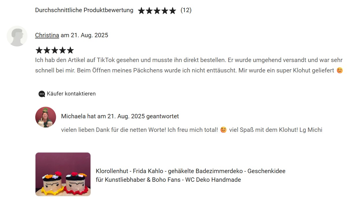 Kundenfeedback kauf eines Klorollenhutes. Kundin über den Kauf eines Klohutes.