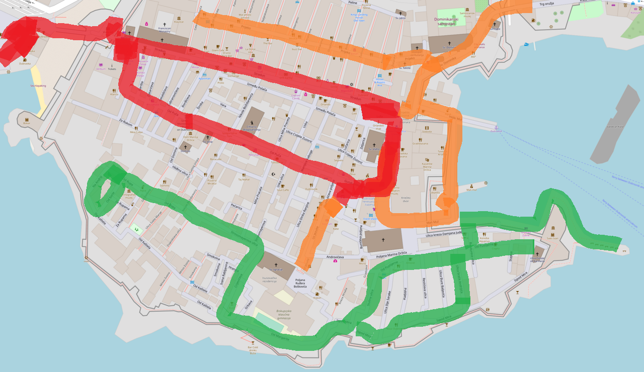Map of Old city of Dubrovnik with different colors for different levels of tourist crowds