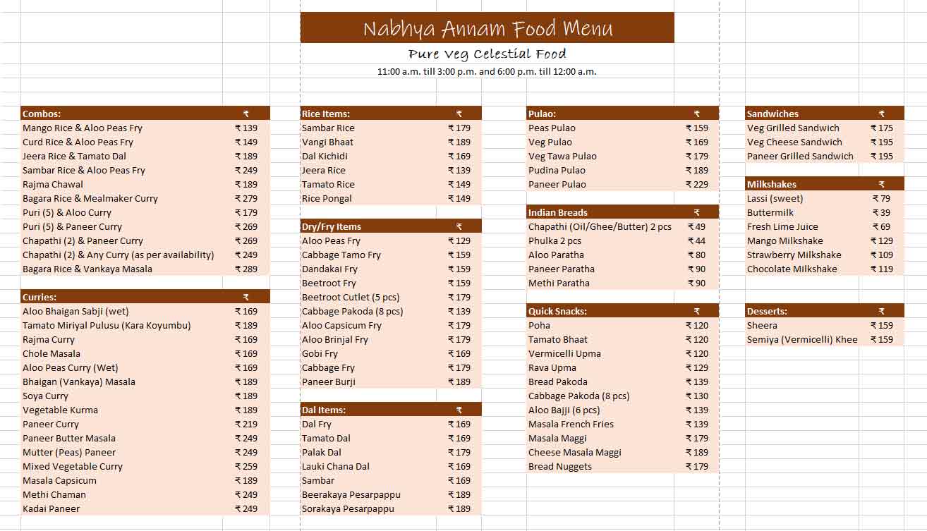 Nabhya Annam Food Menu