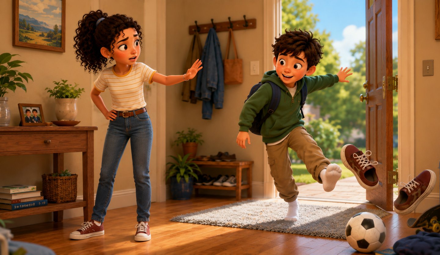 Animated boy excitedly kicking a soccer ball into the house as a concerned girl watches him.