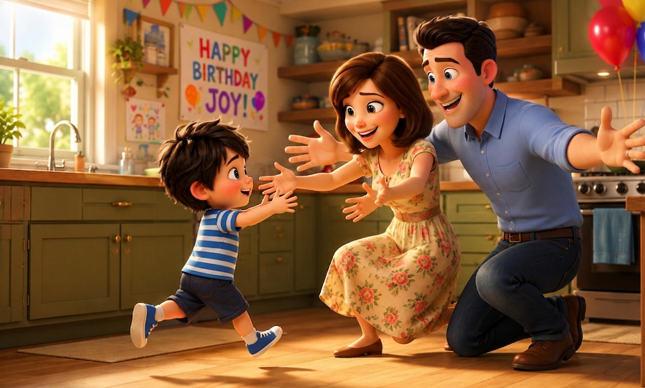 Animated happy family celebrating a child's birthday in a sunny kitchen with balloons and banners.