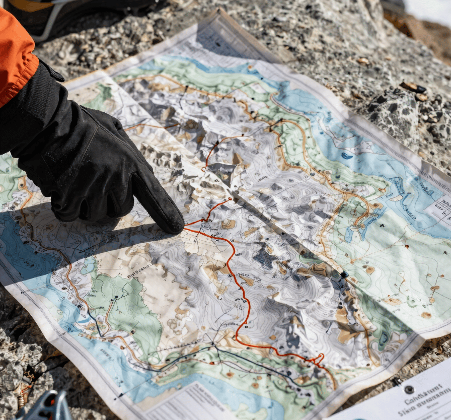 Close-up of a weathered topographic map spread on a rock surface at high altitude, a gloved hand tracing a route near K2, crampons and a permit document visible at the edge of frame, sharp north-facing daylight