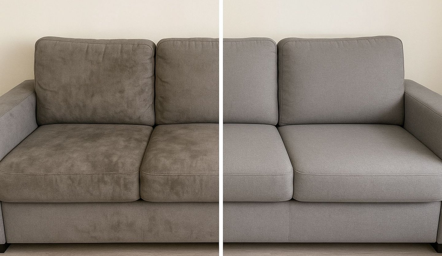 Antes y después de limpieza profesional de sofá