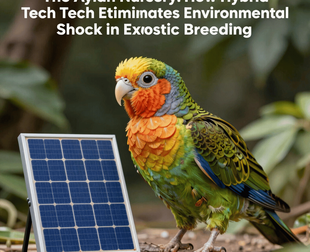 Exotic parrot beside a solar panel, symbolizing solar-powered climate control technology for advanced avian breeding.