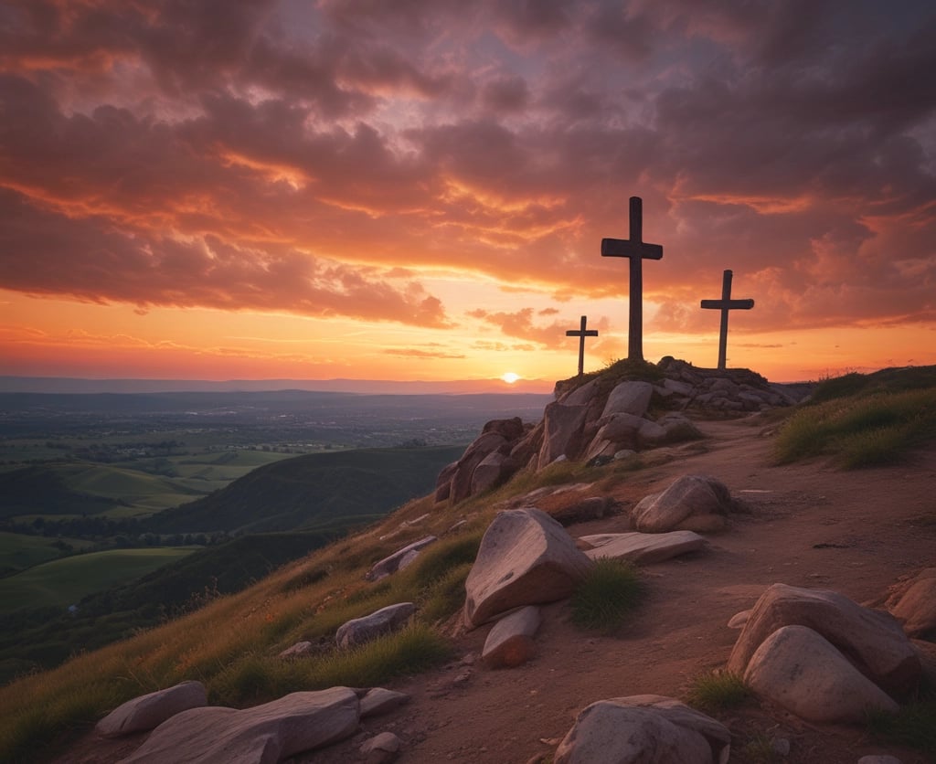 a cross - country scene with a cross on a hill