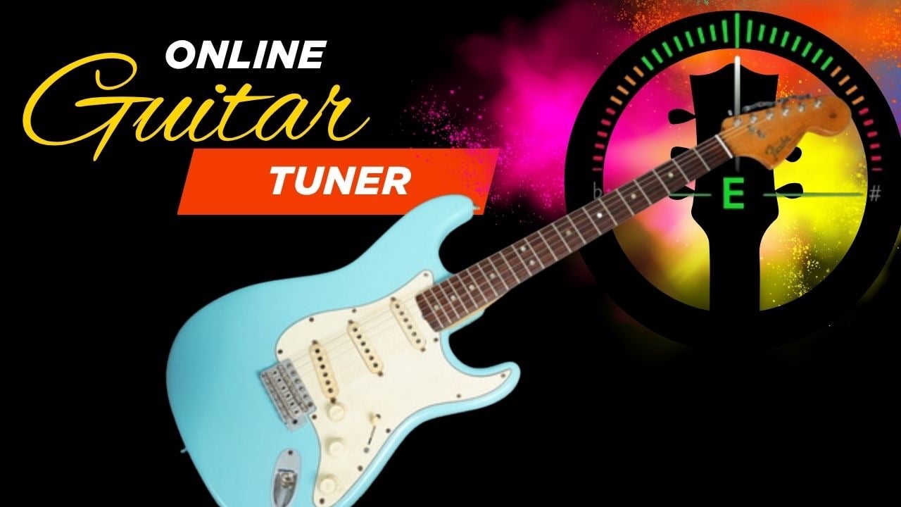 Online guitar tuner graphic featuring a light blue electric guitar and a digital tuning interface.