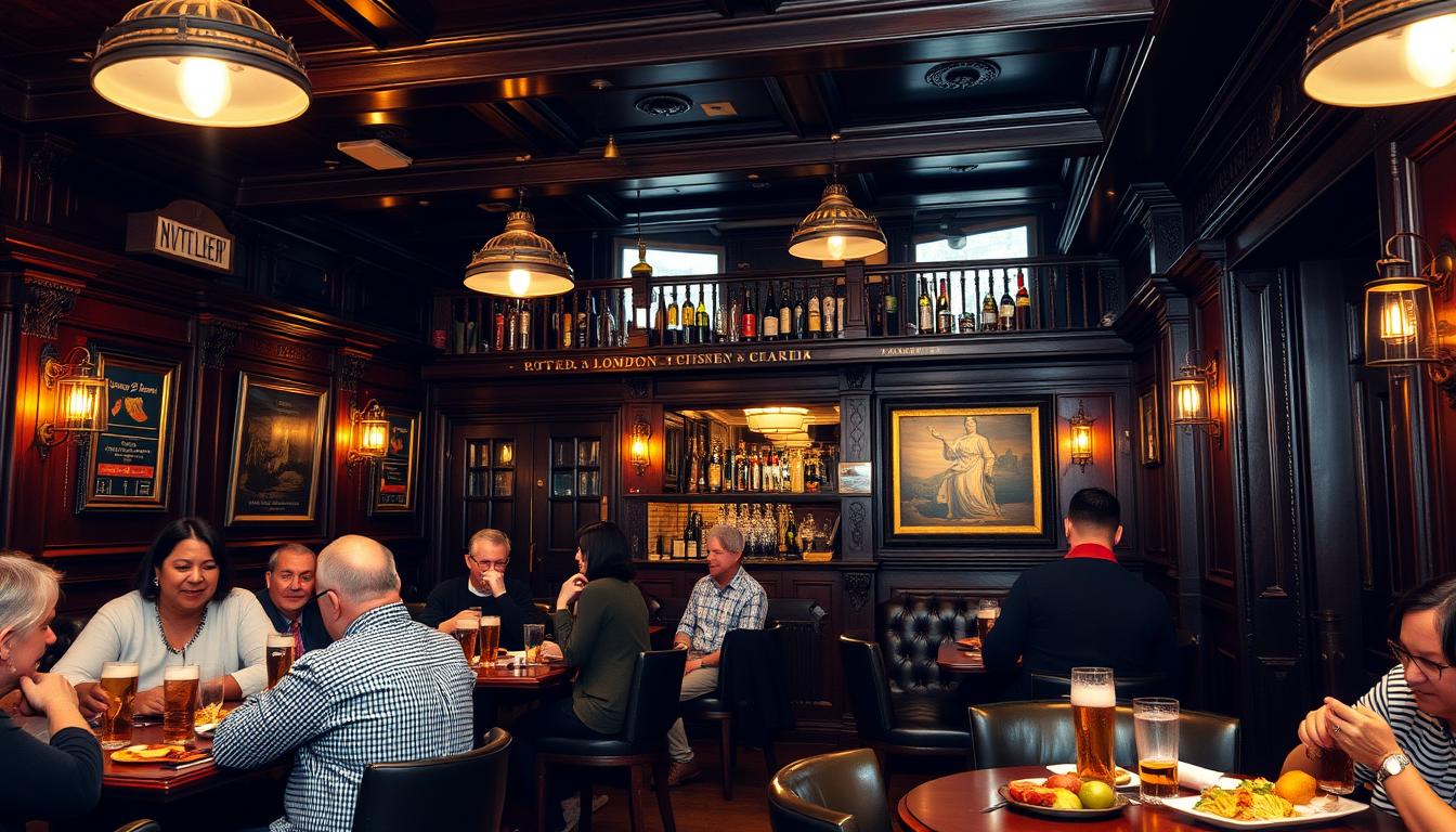 Traditional British pub interior with dark wood bar and cozy atmosphere London