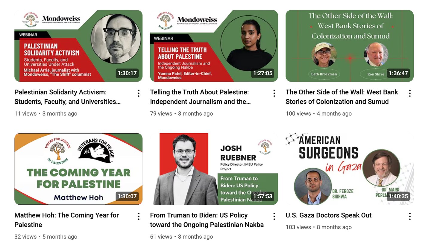 A screenshot of VJP's youtube changgel with thumbnails of all the webinars we have hosted