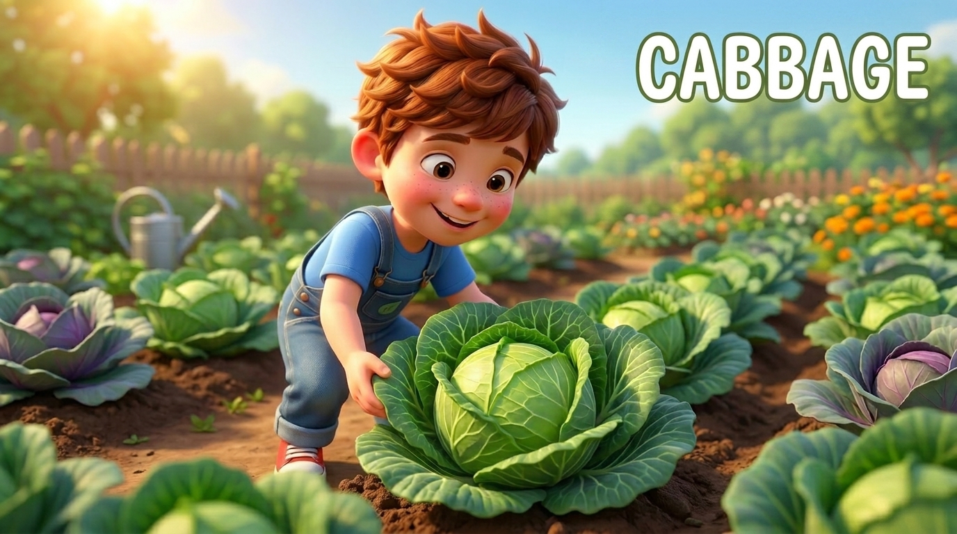 A young cartoon boy harvests a large green cabbage from a sunny vegetable garden.