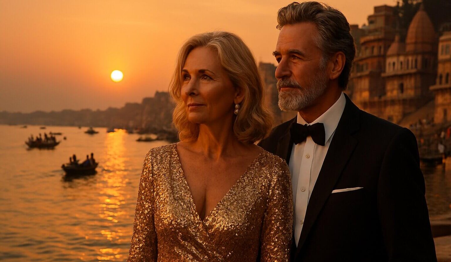 British couple at the ghats of Ganges in Varanasi