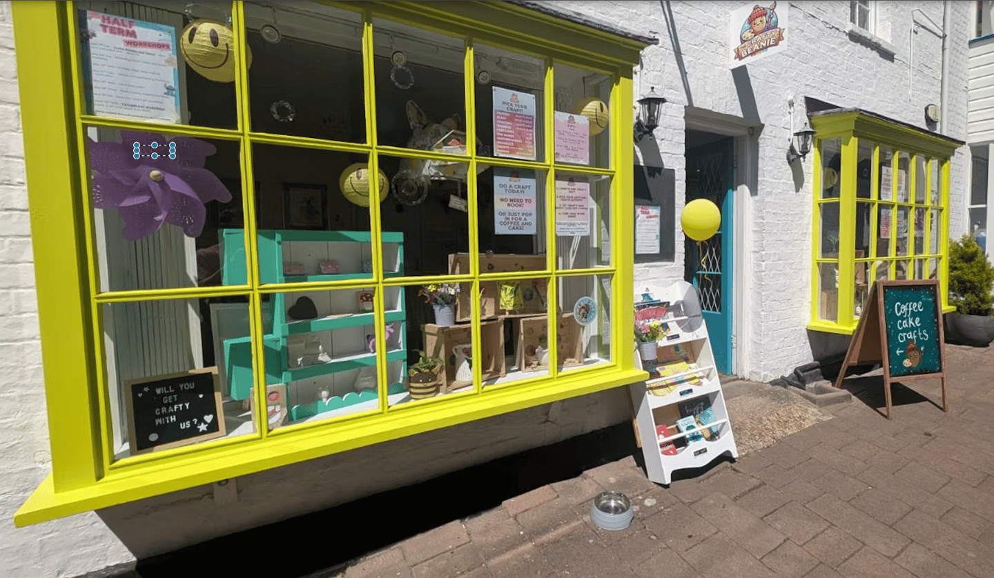 The Crafty Beanie toddler craft class studio in Saffron Walden with colourful shopfront and window displays.