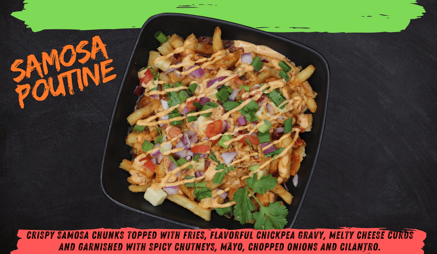 Samosas topped with cheese curds and rich masala gravy, served fresh as Samosa Poutine at Samosa bar