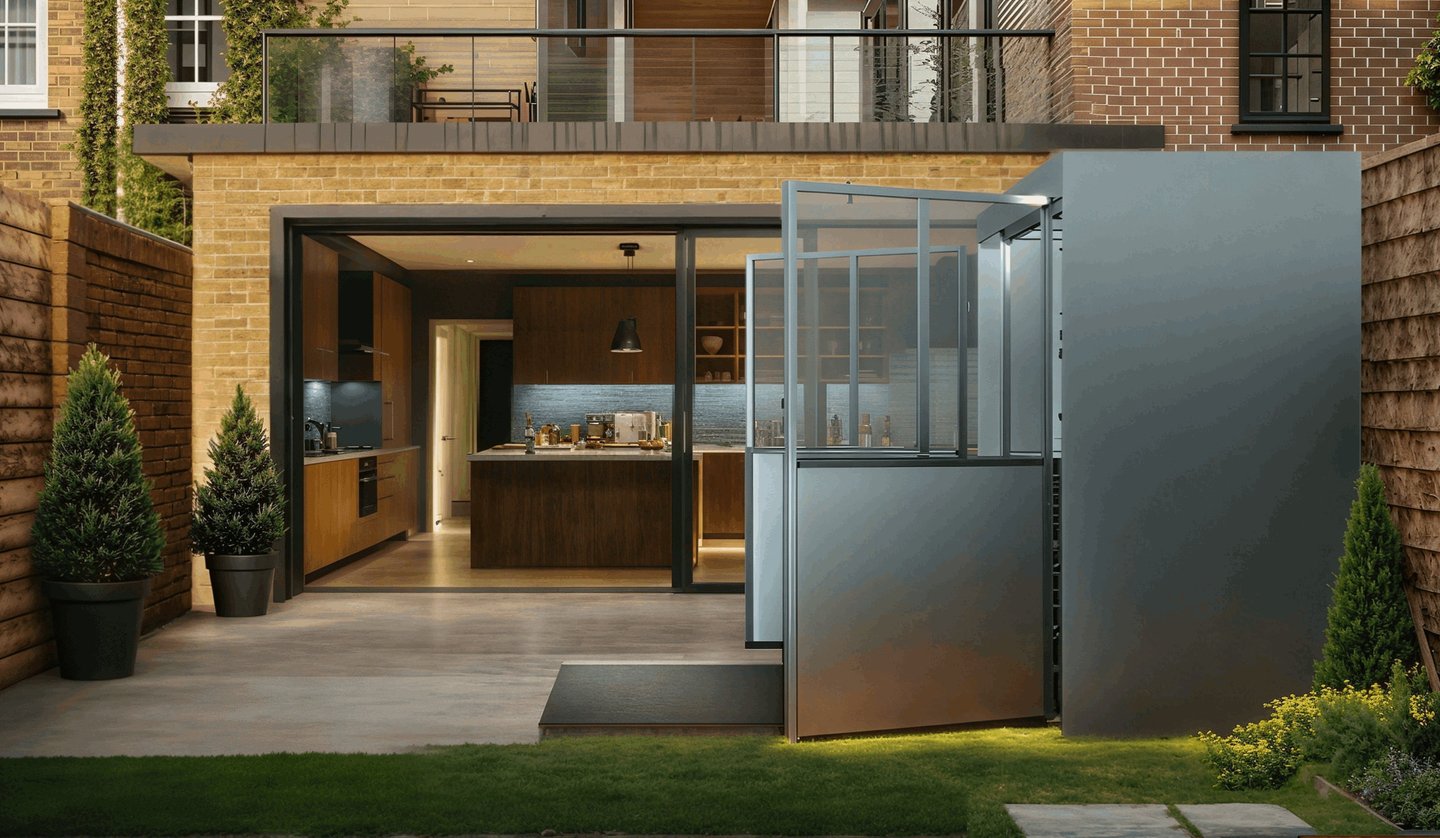 SteelShack retractable outdoor home gym opended in a backyard