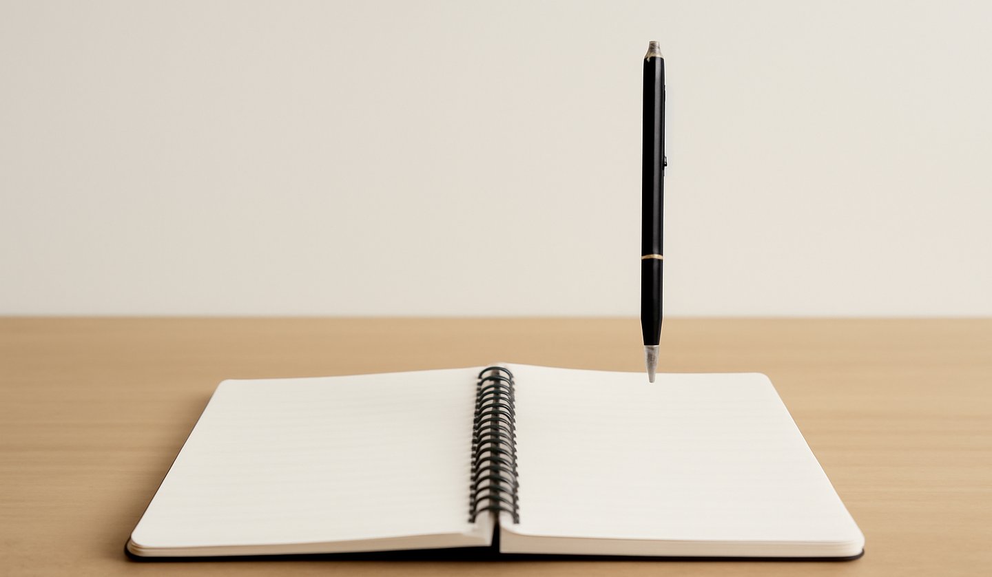 un carnet ouvert sans écriture et un stylo suspendu