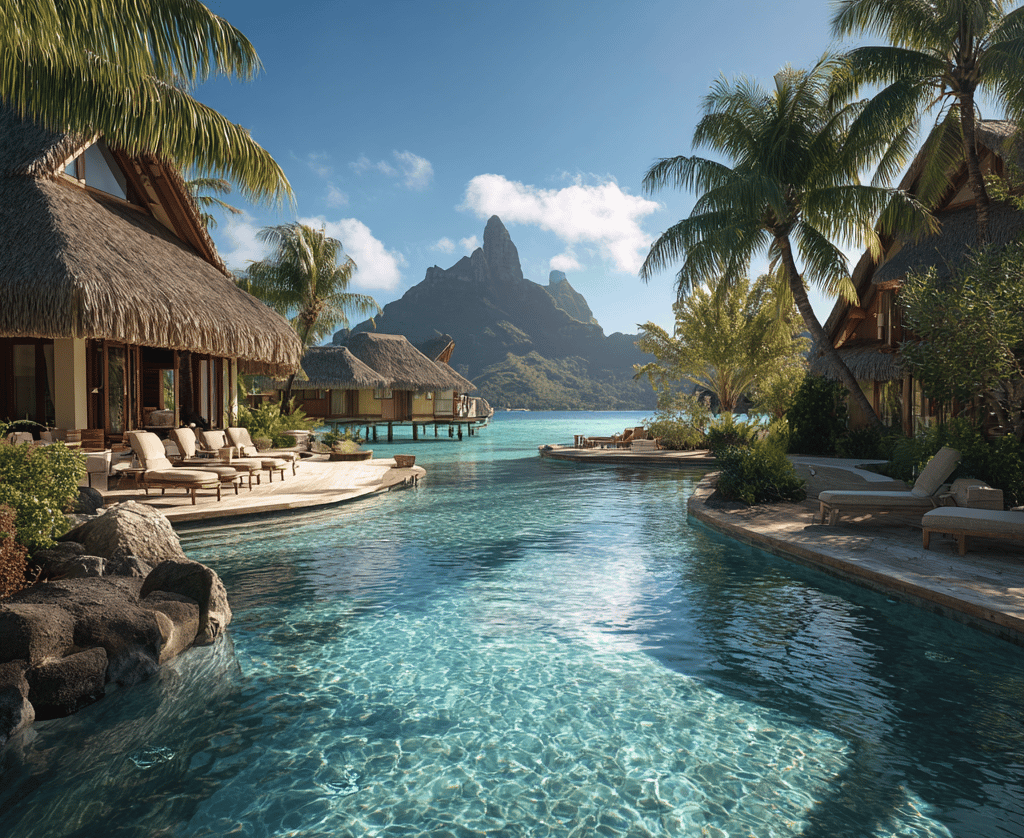 Luxury overwater bungalows and a crystal clear lagoon at a tropical Bora Bora resort.