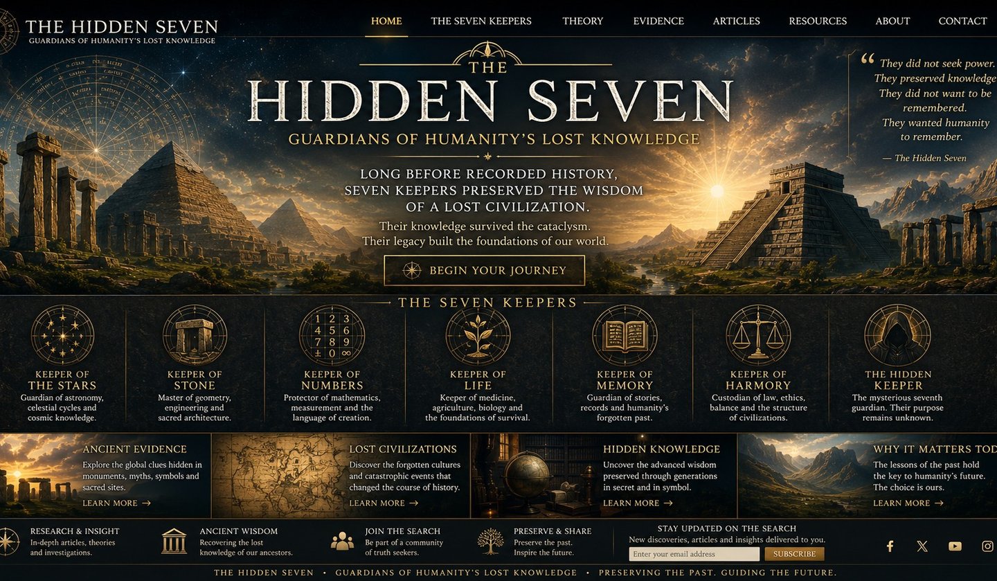 The Hidden Seven website homepage featuring ancient monuments, astronomical symbols, and historical mystery icons.