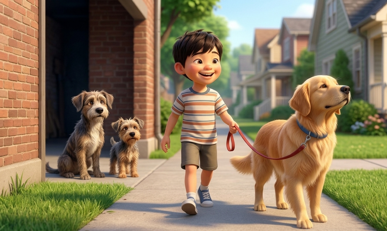 A smiling young boy in a striped shirt walking a golden retriever on a leash along a sunny neighborhood sidewalk.