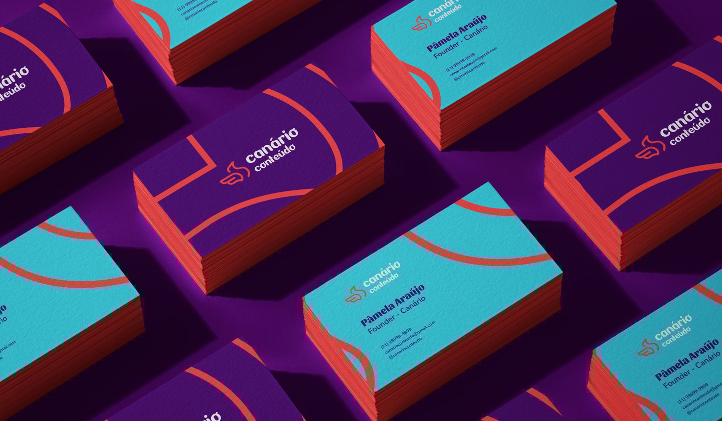 a bunch of business cards with a purple and orange background