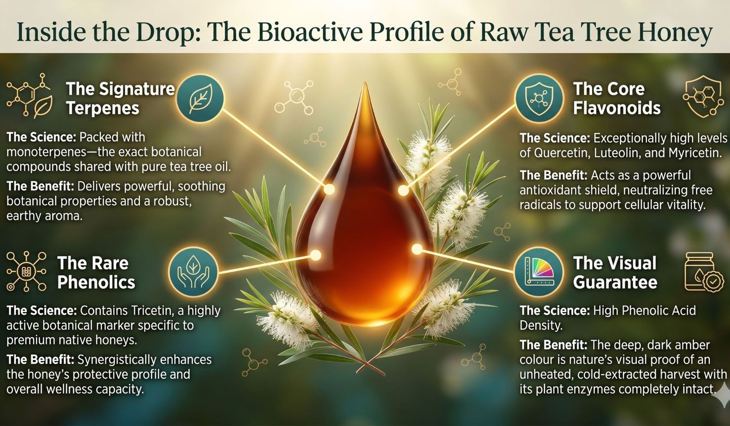 Infographic showing the bioactive profile of raw tea tree honey, detailing terpenes, flavonoids, and phenolics.