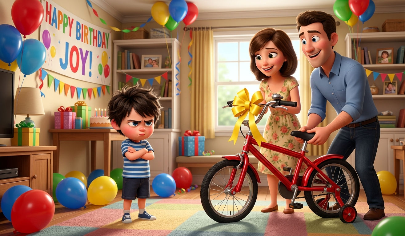 An unhappy young boy at a birthday party reacts to a new red bicycle gift from his parents.