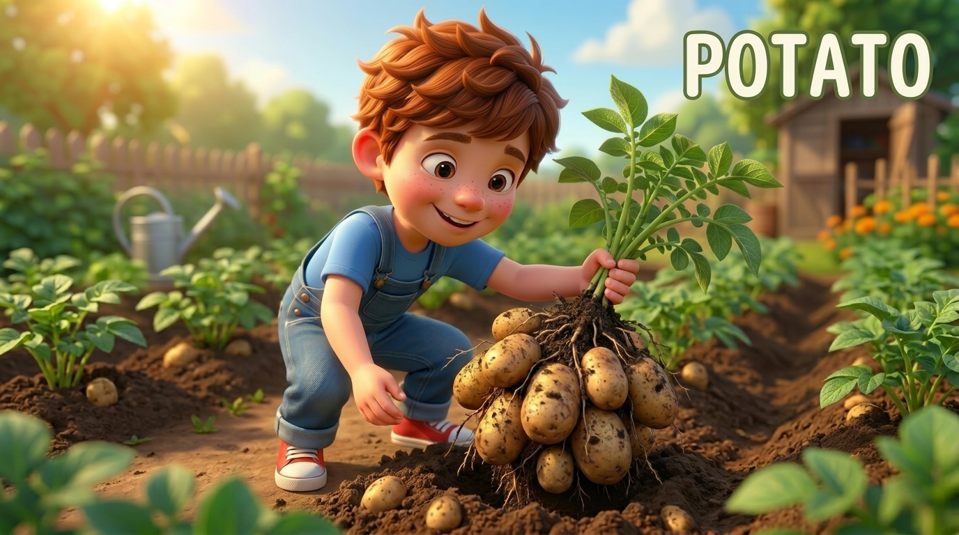 Cartoon boy harvesting fresh potatoes from a sunny garden vegetable patch.