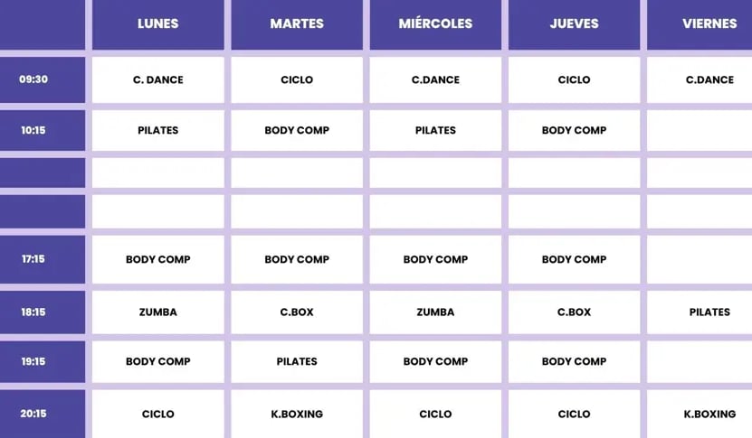 Horario clases colectivas Elysium centro deportivo