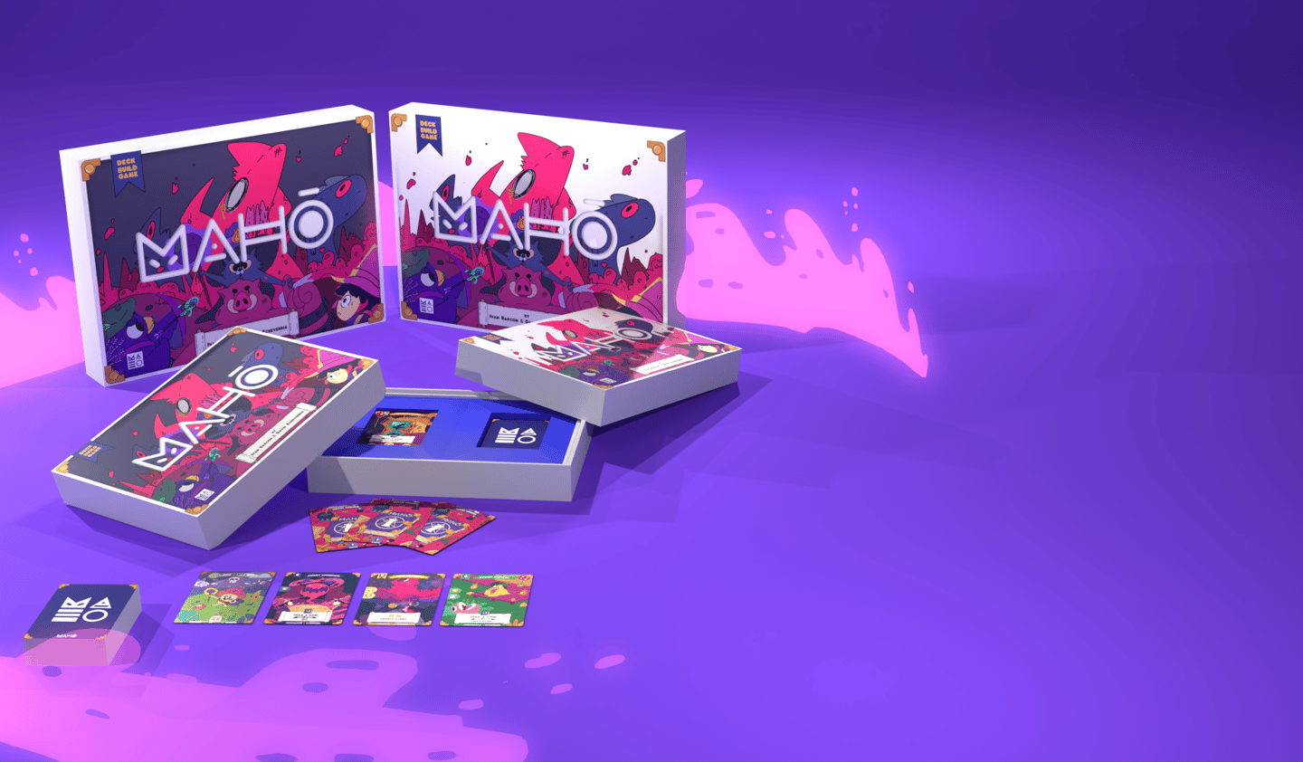 Caja con contenido de Maho, juego de mesa de construcción de mazos para 2 a 4 jugadores