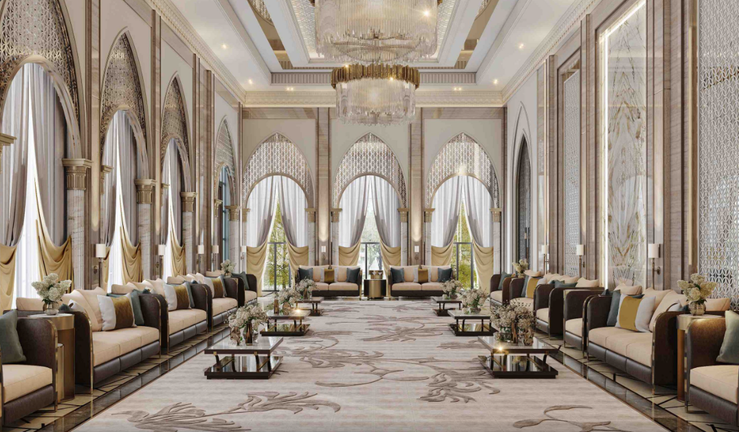 Luxury formal majlis with Islamic architecture, arched windows, and elegant chandeliers.