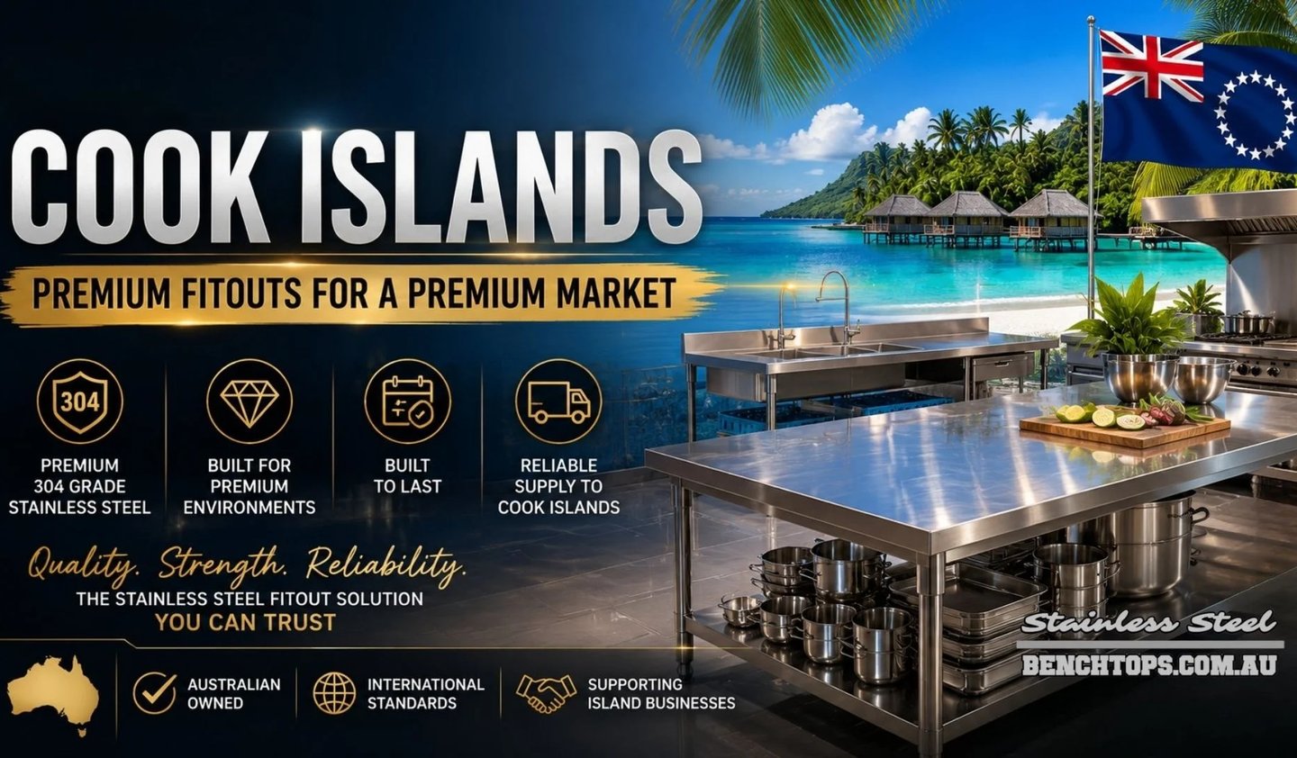 Stainless steel benches Cook Islands overlooking a tropical beach front.