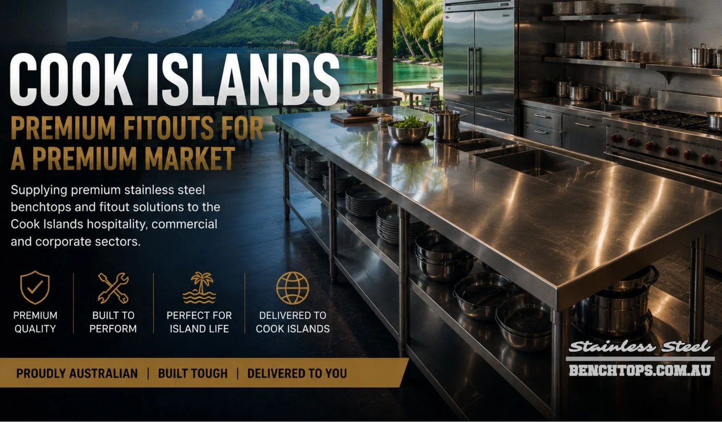 Heavy-duty commercial island prep table and stainless steel Benches Cook Islands.