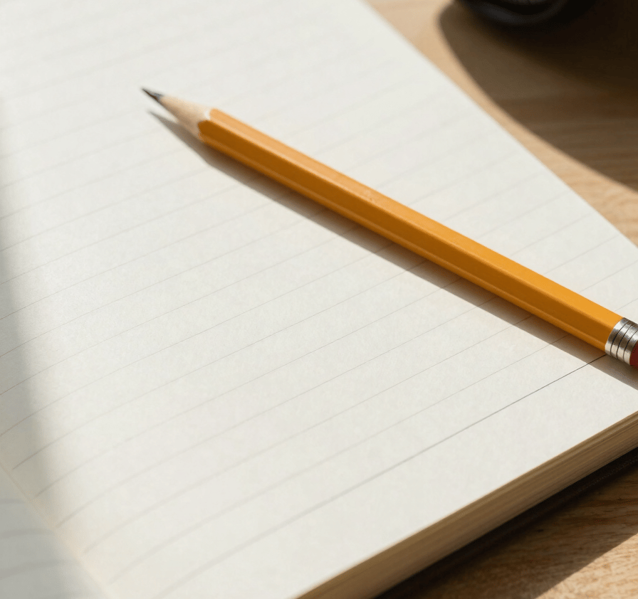Overhead close-up of an open notebook on a light wood desk, a pencil resting across the page, natural daylight entering from the left, crisp shadows on ruled paper