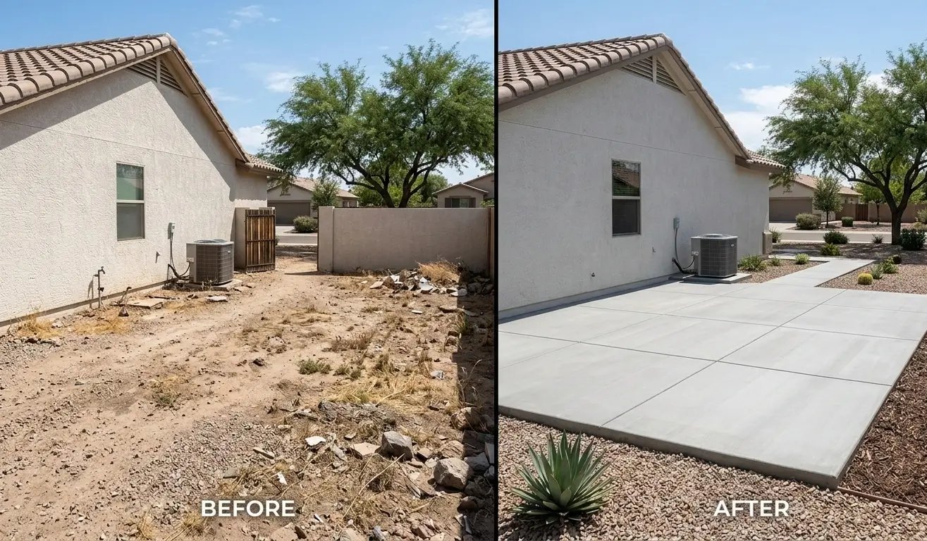 before-and-after split image: left side dusty uneven yard area, right side new clean concrete patio slab in Queen Creek, AZ