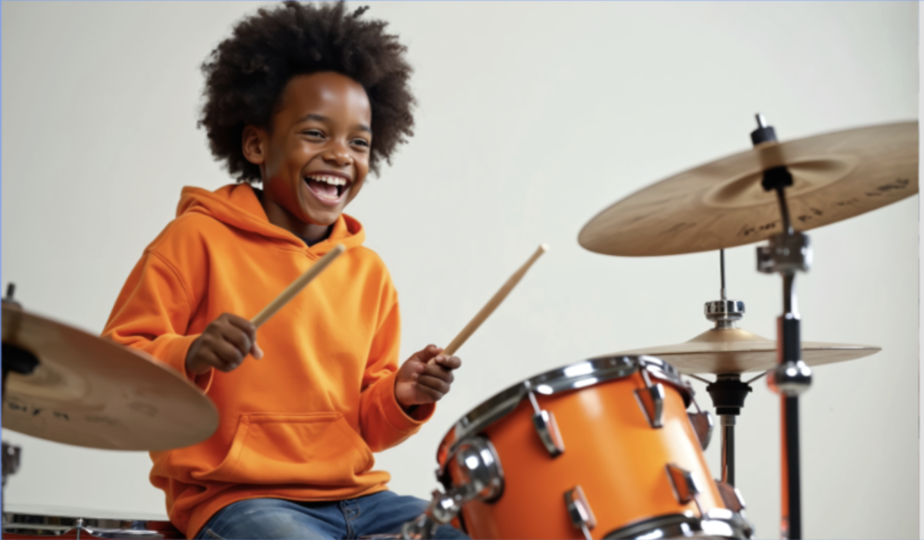 african american kid playing drums and laughing