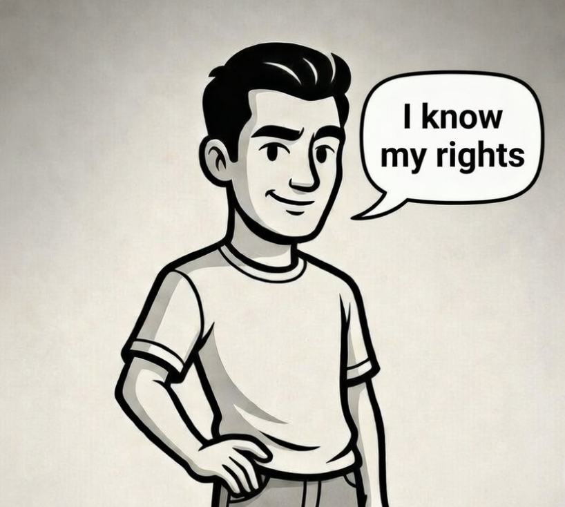 cartoon male saying 'I know my rights'