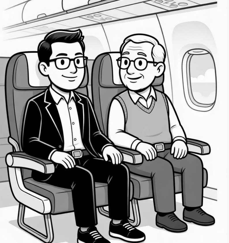 two males catrtoon seating on plane seats